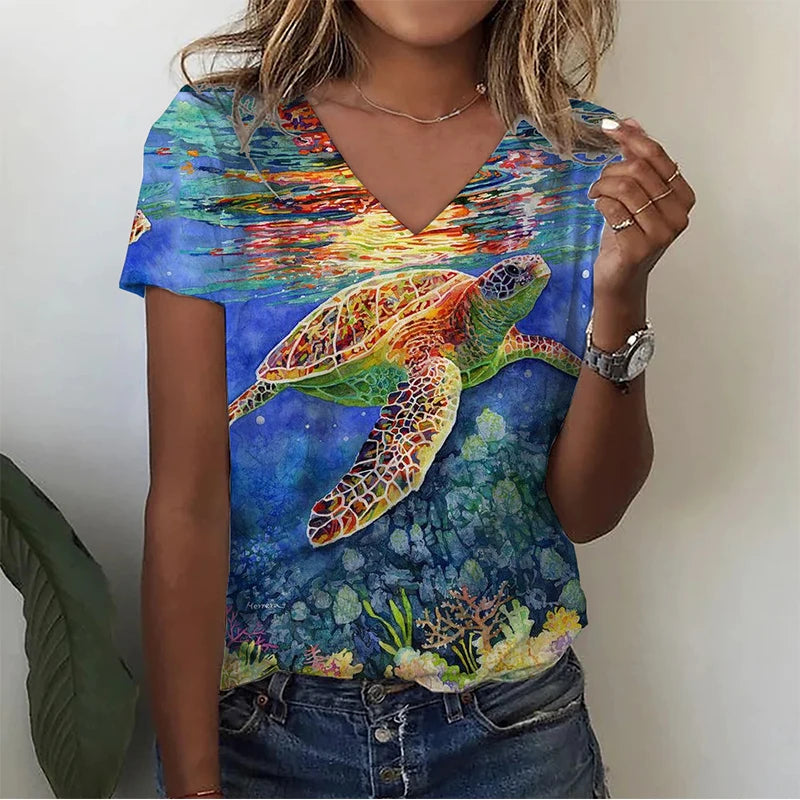 Summer Infauna Shark 3D Print T-shirt Women Streetwear Sea Turtle Shoal T Shirts Y2k Tops Woman V-Neck Tees Oversized Clothing