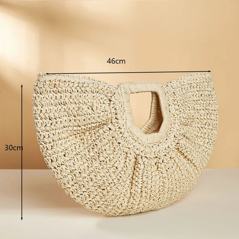 the WOVEN BAG - Straw Bag Rattan Woven Round Tassel Handbag for Women, Large Capacity Shoulder Tote Purse, Ladies Holiday Wood Handle Shopping Bag