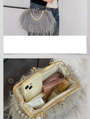 the FURBIE - Designer Women's Handbag with Tassel, Luxury Plush Evening Bags with Pearl Chain, Ladies Purse Tote Bag, Fashion Crossbody Bag