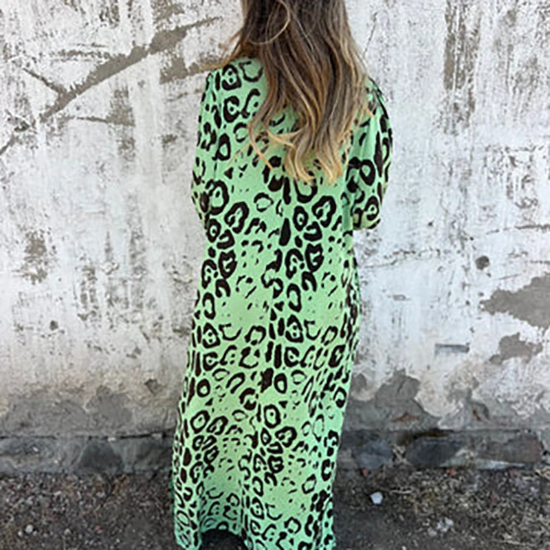 Vintage Leopard Print Loose Long Dresses Women 2025 Spring Elegant V Neck Pocket Maxi Dress Autumn 3/4 Sleeve Boho Holiday Dress