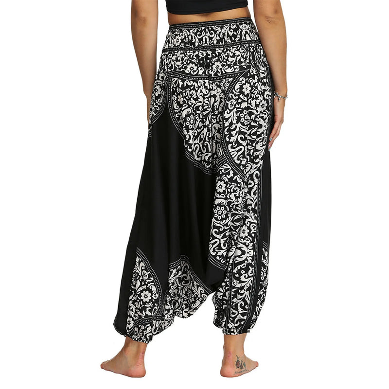 Women Bohemian Harem Pants Elastic Waist Wide Leg Long Pant Vintage Printed Trousers Female Loose Capris Ladies Streetwear