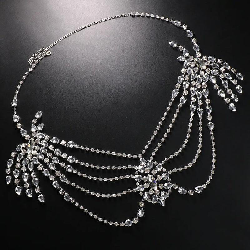 the BREASTPLATE - Boho Crystal Bridal Shoulder Chain Necklace Bead Shawl Wraps Wedding Chest Body Chain Dress Jewelry