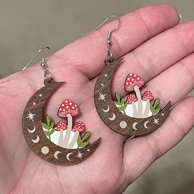 the MUSHROOM MOON - Fashion Cute Wooden Earrings for Women, Simple Personality Double-Sided Printed Mushroom Moon Earrings Jewelry