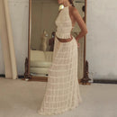 the BELLY DANCER - Sexy Boho Backless Matching Suit 2 Piece Beach Outfits Vintage Ruched Halter Cami Tops + Maxi Long Skirt
