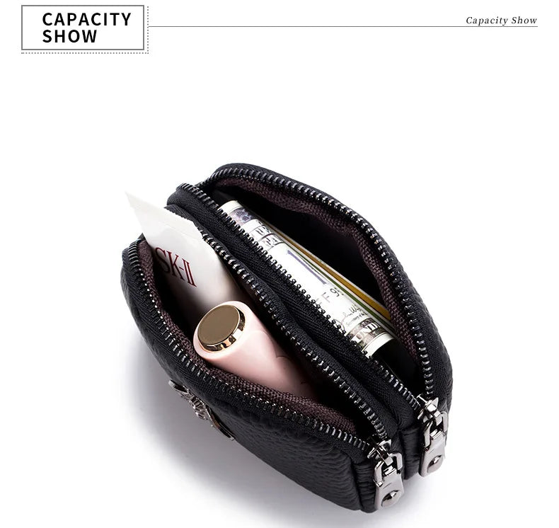 the BEE BAG - Women Cowhide Double Zipper Portable Wallets, Bag Bee Card Hoder Lipstick Case Leather Mini Earphone Coin Purse