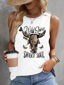 the WILD SPIRIT SWEET SOUL - Women's Causal Cow Head Print Sleeveless Casual Tank Top for Summer/Spring