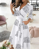 the BOHO WRAP - Spring/Summer V-Neck Fashion Three Quarter Sleeve Printed Polo Long Dress with Waist Tie Up