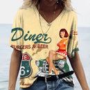 the ROUTE 66 - Pattern 3D Print V-Neck Casual Short Sleeve Oversized Pullover Fashion T-Shirts for Women