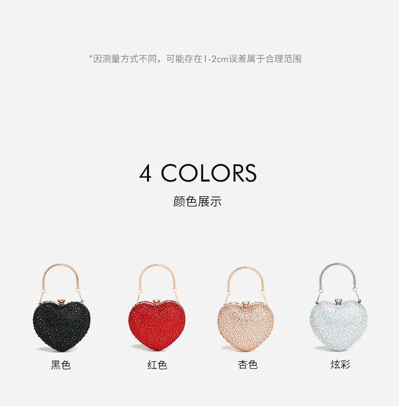 the CRYSTAL HEART - Luxury Diamond Inlay Heart Shape Crystal Clutch Purse, Stones Evening Wedding Party Shoulder Bag, Handle Rhinestone Mini Handbags