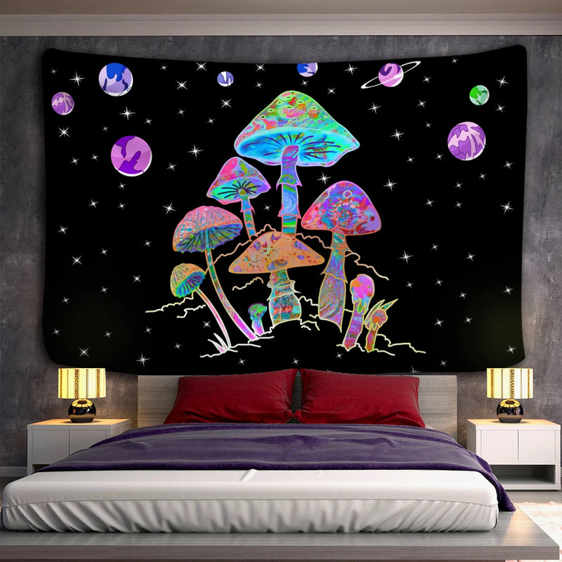 the PLANET MUSHROOM - Cartoon Planet Mushroom Tapestry Wall Hanging, Psychedelic Abstract Boho Kawaii Bedroom/Living Room/Bedroom Decor