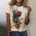 Summer Women's T-Shirts Fashion Floral Theme T Shirt Casual Tees Short Sleeve Rose Print Tops Casual Basic Loose Female Clothing