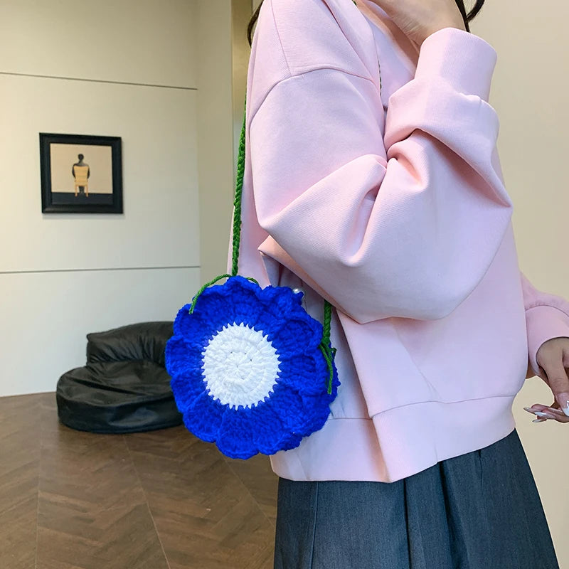 the KNITTED FLOWER - New Fashion Sunflower Pattern Women's Mini Knitted Handbag, Female Woven Shopper Purse, Lovely Design Chain Shoulder Crossbody Bag