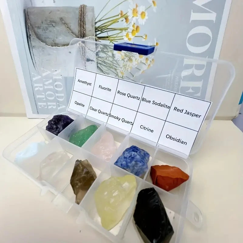 the ROCK BOX - 10PCs/Box Natural Crystal Rough Raw Set Energy Gemstones, Rough Rocks and Mineral Chakra Stone with Box