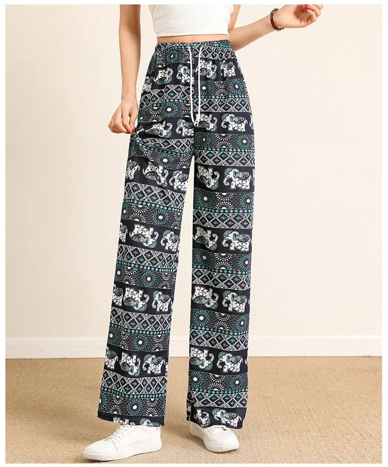 Women Wide Leg Pants High Waist Elephant Print Pant Summer Thin Straight Trousers Casual Bottoms Female Clothing 2023 Fashion