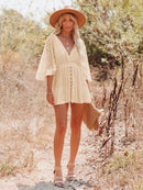 the MINI BOHO - Lace Tunic Sexy Deep V-Neck Button Bikini Cover-Ups Summer Sexy Ruffles Long Sleeves Mini Dresses
