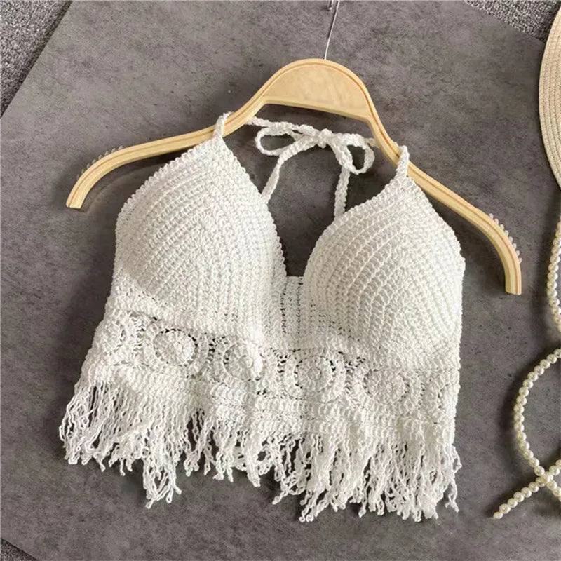 Women Summer Short Vest Sexy Hollow Out Vest Knitted Tassel Crop Tops Bohemian Style Beach Bikini Tank Tops Shirt Hot Tank Top