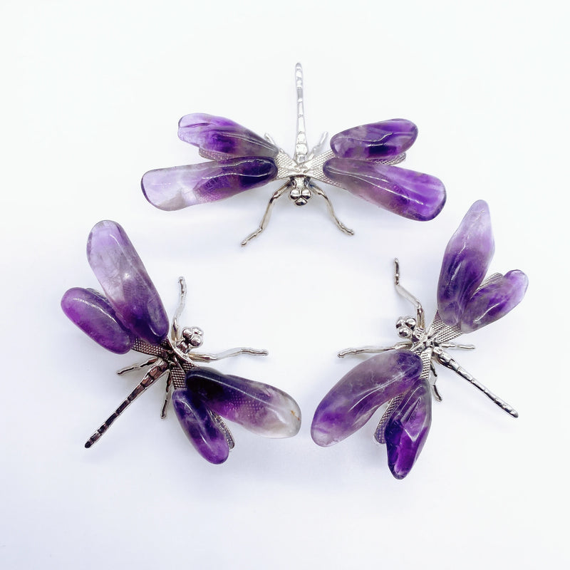 1PC Natural Amethyst Dragonfly Crystal Purple Quartz Stone spar crafts Butterfly Statue Reiki Healing Home Decor Children Gift