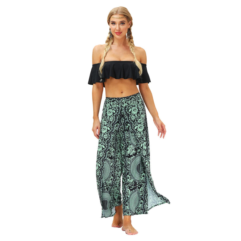 Women's Casual Soft Slit Leg Pants, Harem Dance, Beach Boho Baggy Yoga Pants, Lady Loose Wide Leg Wrap Long Pants, Summer