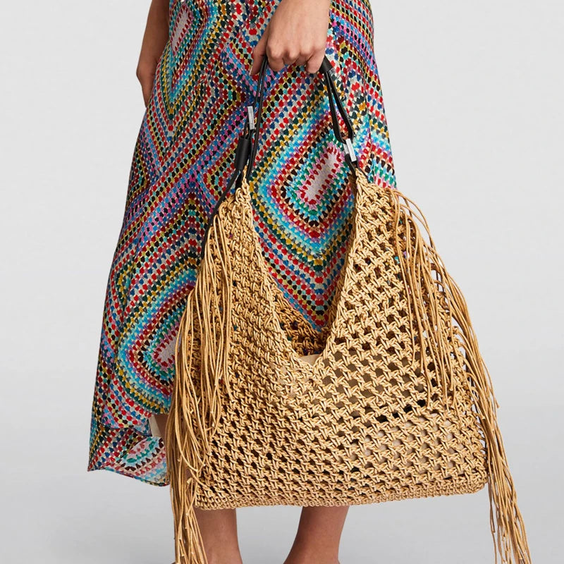 the BEACH BOHO - Hollow Out Hobos Bags for Women, Luxury Designer Handbag/Purse, Weave Large Capacity Tassel Shoulder Straw Beach Bag