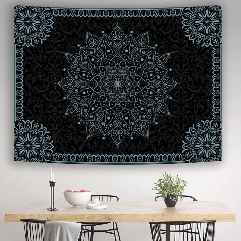 the BLUE LOTUS - Black Mandala Tapestry, Blue Lotus Bohemian Wall Hanging, Meditation Hippie Indian Bohemian Wall Art Tapestry