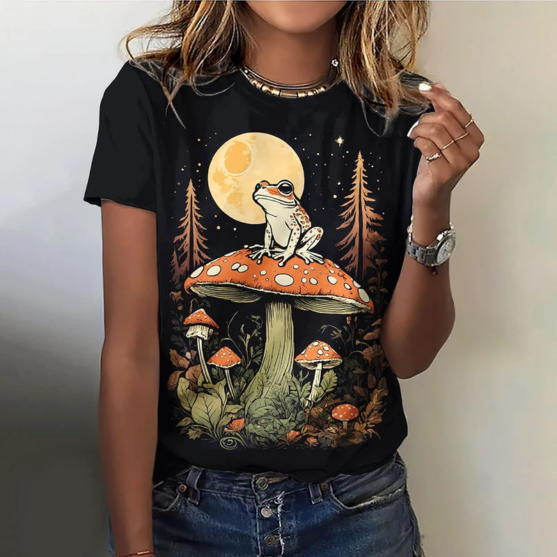 Funny Women's T-shirts Skulls Print Casual O-neck Short Sleeves Female Clothing Tops Mushroom Pattern Loose Tees Streetwear