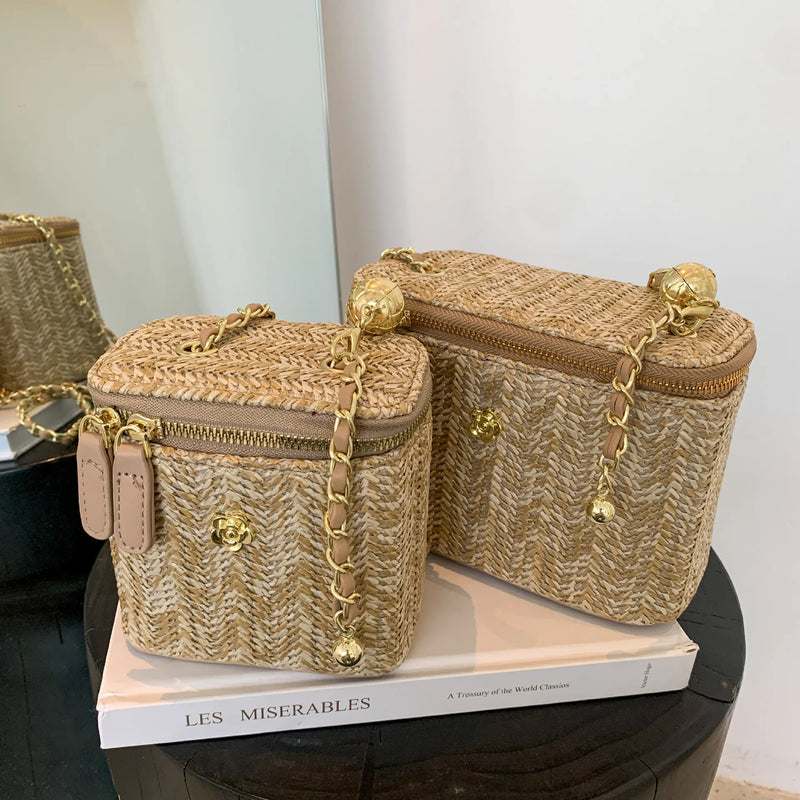 the PICNIC BOHO - Mini Straw Bucket Crossbody Bag for Women, Summer Weave Women's Brand Handbags and Purses, Fashion Chain Simple Shoulder Bags