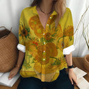 the GALLERIA - Van Gogh's Oil Painting Print Sunflower Pattern Long Sleeved Shirt Loose Lapel Blouse