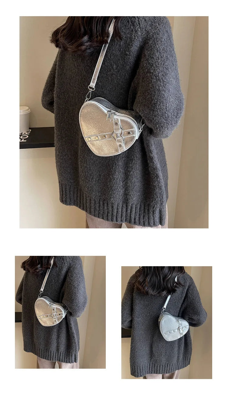 the CROSS MY HEART - Vintage Small Chain Rivet Shoulder Bag, Heart Shaped Purse/Handbag, PU Leather Gothic Tote Bag, Fashion Crossbody Bag