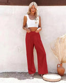 the CASUAL BOHO - Women Casual High Elastic Waist Cotton Linen Boho Beach Wear Wide Lag Pants Loose Oversize Casual Pants