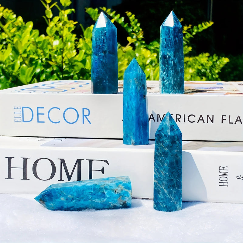 Blue Apatite Natural Crystal Tower, 6 Faceted Single Point Chakra Crystal Stone For Meditation Home Decor Collection Gift