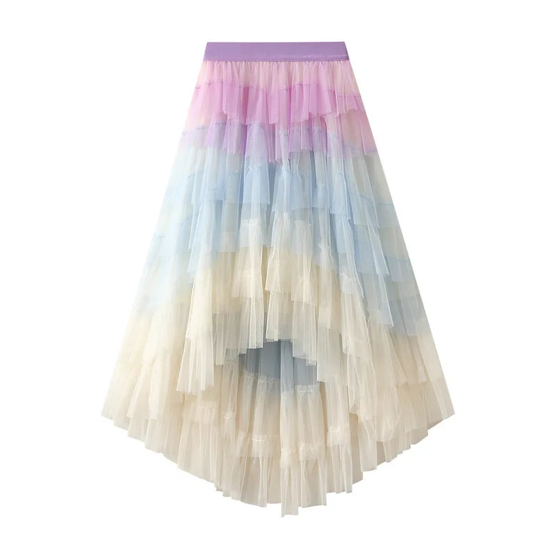 Women's Tulle Skirt Ruffle Multilayer Mesh A Line Tier Tutu Prom  Irregular High Waisted Gradient Rainbow TulleLong Skirt