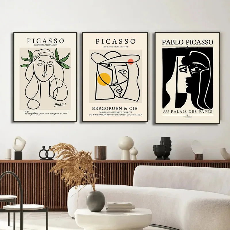 the PICASSO - Pablo Picasso Exhibition Poster Retro Face Canvas Abstract Line Pigeon Sausage Dog Modern Gallery Wall Art Home Decoration