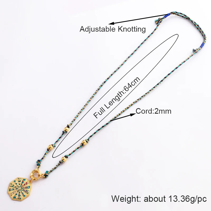 the AMULET - Star Celestial Blue Green Evil Eye Long Knot Beaded Necklace, Boho Nature Cotton Cord Amulet Jewelry