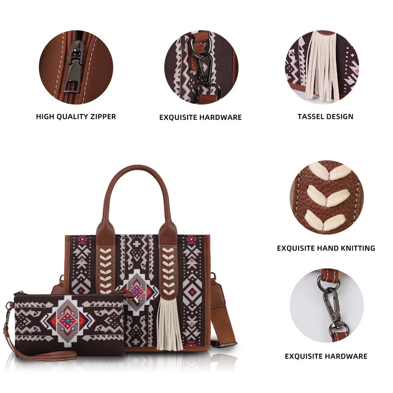 the NAVAJO - Ethnic Print Hand-Held Crossbody Bag Set with Tassel Decoration and Small Coin Purse