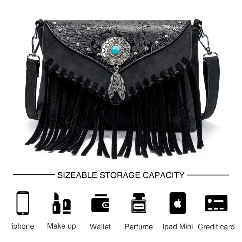 the WESTERNER - Original Design Shoulder Bag for Women, PU Leather Luxury Clutch Designer Handbags, Western Purse Fringe Messenger Bag