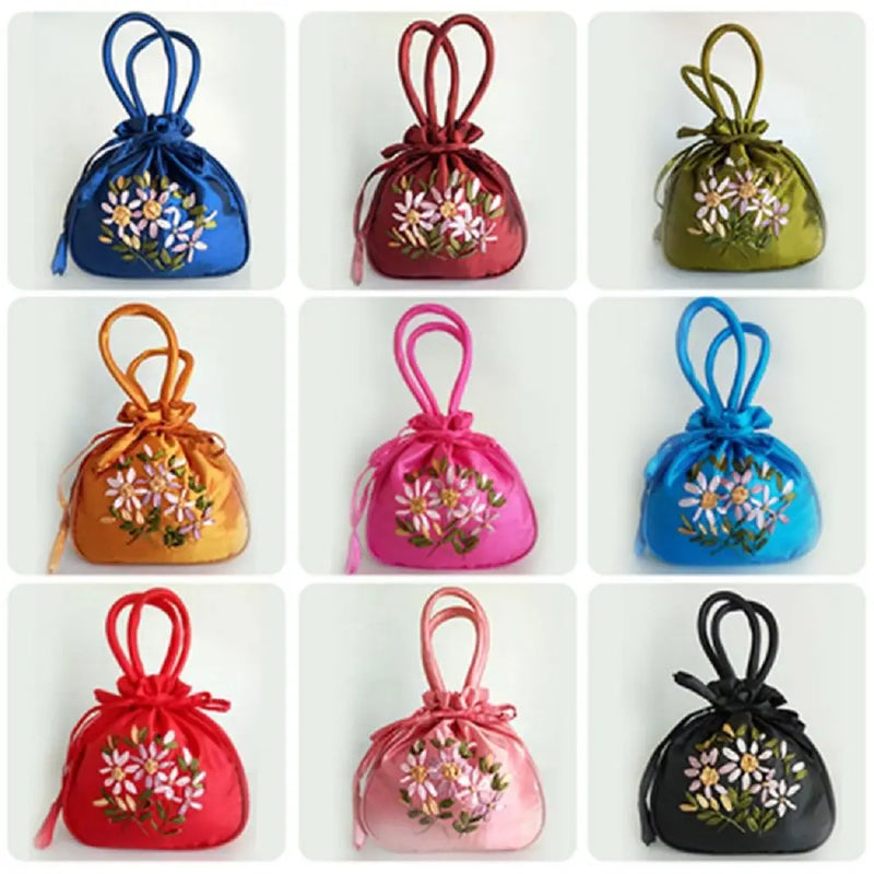 the SATCHEL - Retro Elegant Satin Silk Embroidery Totes for Women, Floral Drawstring Handbag, Woman Purse/Wallet Small Tote Bags