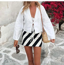 the BOHO TIE - Female Street Tops Linen Lace Up Long Sleeve Fashion Chic Casual Loose V-Neck Shirt