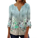 the FLOWER SHOP - Women's Vintage Floral Print Pleated Button Spring/Summer Fashion V-Neck 3/4 Sleeve Elegant Slim Blouse Tops