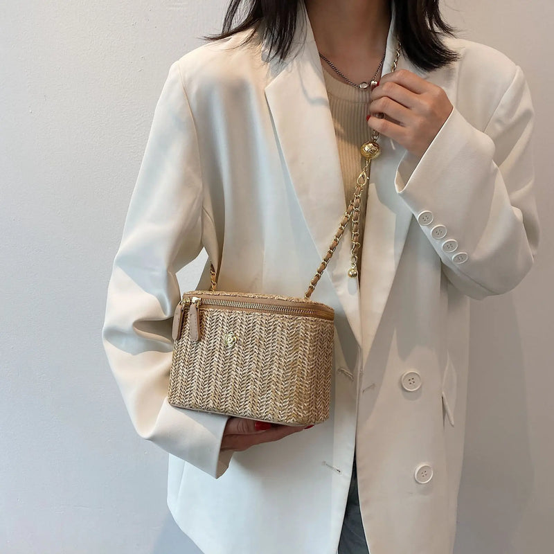 the PICNIC BOHO - Mini Straw Bucket Crossbody Bag for Women, Summer Weave Women's Brand Handbags and Purses, Fashion Chain Simple Shoulder Bags