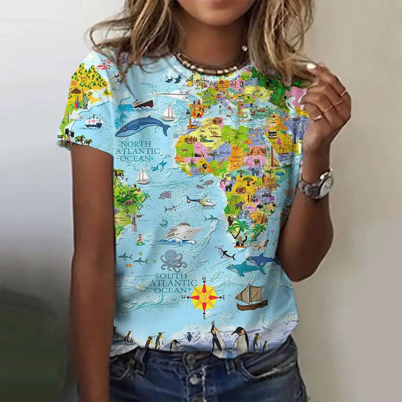 the ATLAS - Women's World Map Pattern Print Casual O-Neck Loose Short Sleeves T-Shirts