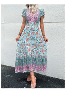 the BANDANA BOHO - Vintage Floral Boho Printed Short Sleeves V-Neck Slit A-Line Bohemian Summer Beach Midi Dresses