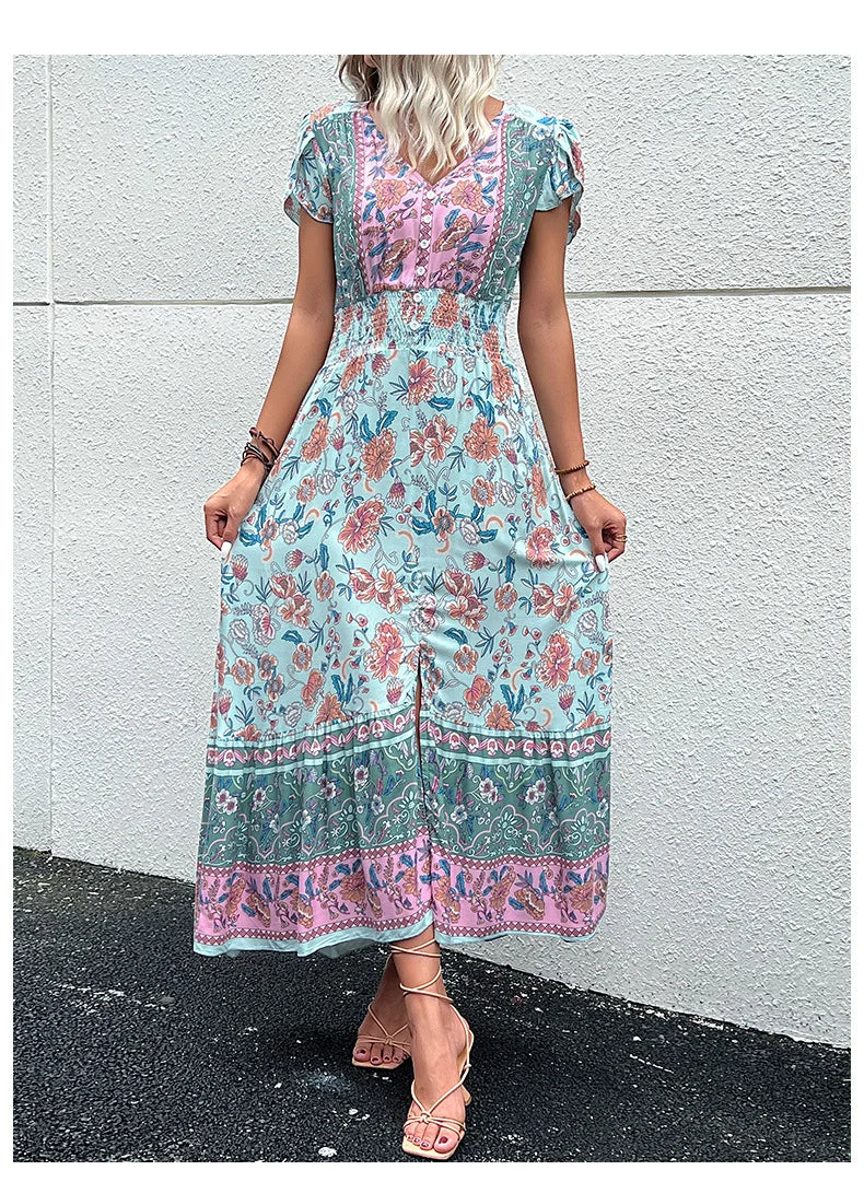 the BANDANA BOHO - Vintage Floral Boho Printed Short Sleeves V-Neck Slit A-Line Bohemian Summer Beach Midi Dresses