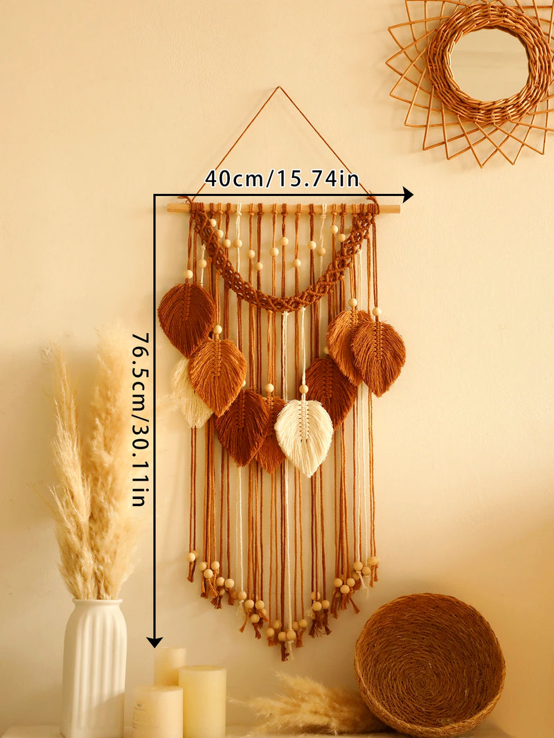 the AUTUMN FALL - Leaf Macrame Tapestry, Brown Green Wall Tapestry, Boho Home Decoration, Macrame Wall Hanging, Home Living Room Decor Gift