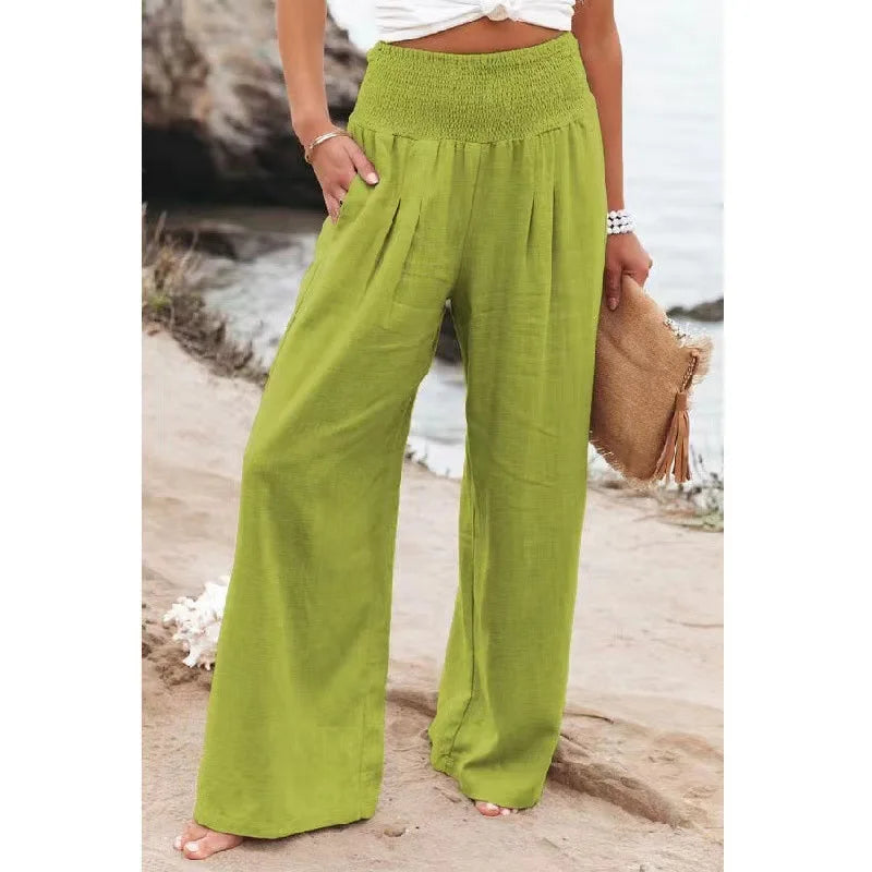 TEELYNN Casual High Elastic Waist Cotton Linen Pants Women Boho Beach Wear Wide Lag Pants Loose Oversize Casual Pants XXXL Size