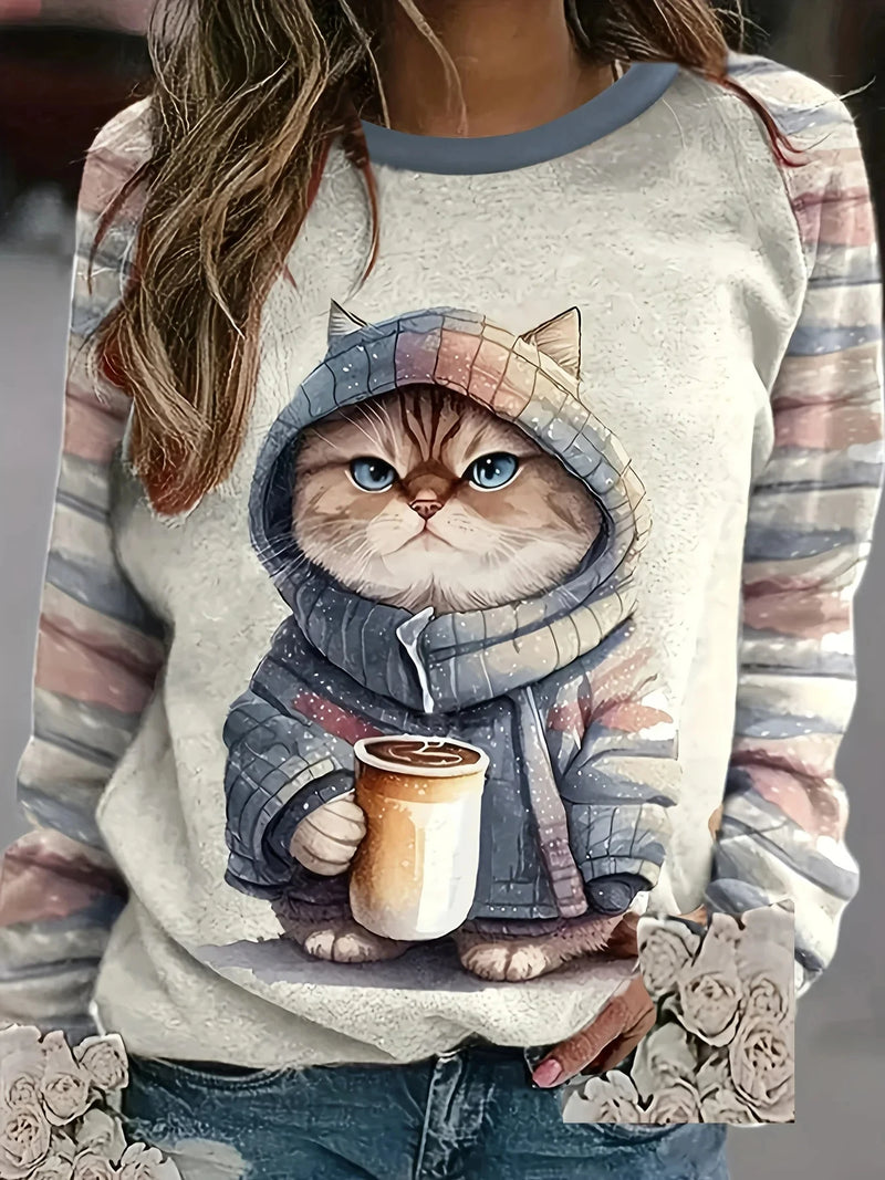 Women's Fashion Tops 3D Cat Print Casual T-Shirt Loose Sleeve Long Sleeve Round Neck T-Shirt Women's Harajuku Top