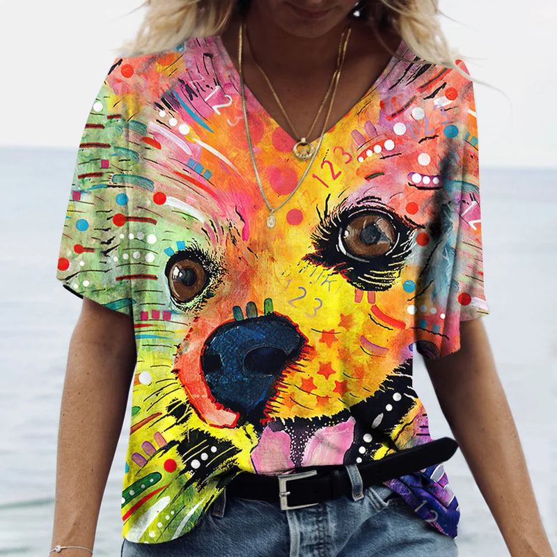 Summer New Women's V-neck Top Short Sleeve T-shirts 3D Cute Dog Print Casual Lovely Harajuku Versatile Y2K Clothes European Size