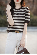 the CASHMERE - Sweater Short Sleeved Striped Sweater Pullover Knitted Cashmere Sweater for Women