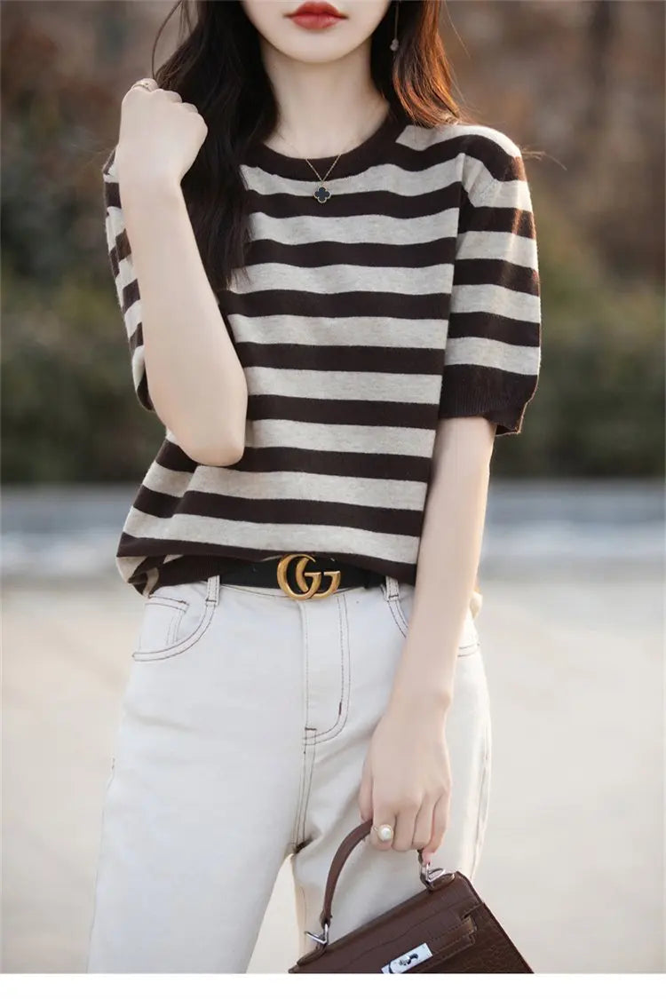 2024 women's cashmere sweater women's short sleeved striped sweater pullover vest T-shirt knitted cashmere sweater