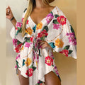 Women Print Dress Sexy V-Neck Bat Sleeve Ruffl Flowers Print Bohemian Beach Sundress Ladies Loose Summer Vacation Mini Dresses