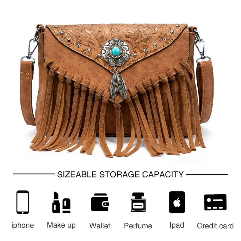 the WESTERNER - Original Design Shoulder Bag for Women, PU Leather Luxury Clutch Designer Handbags, Western Purse Fringe Messenger Bag